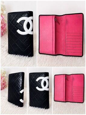 CHANEL Black Quilted Leather Long Wallet with White CC Logo & Pink Interior